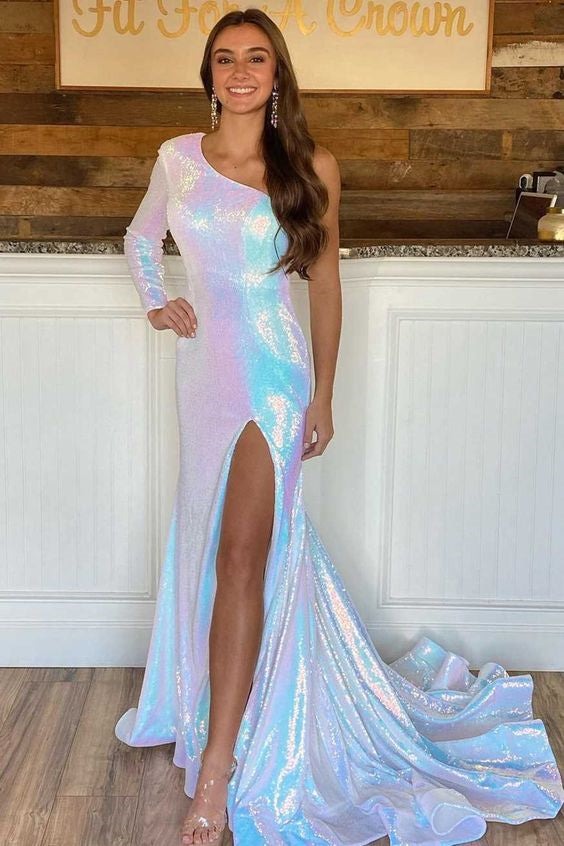 One Shoulder Mermaid Prom Dress UK With Split - Elegant Long Sleeve-ballbellauk