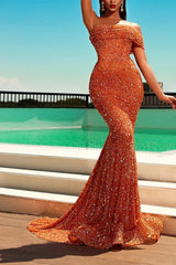 One-Shoulder Orange Sequined Mermaid Long Prom Dress UK-ballbellauk