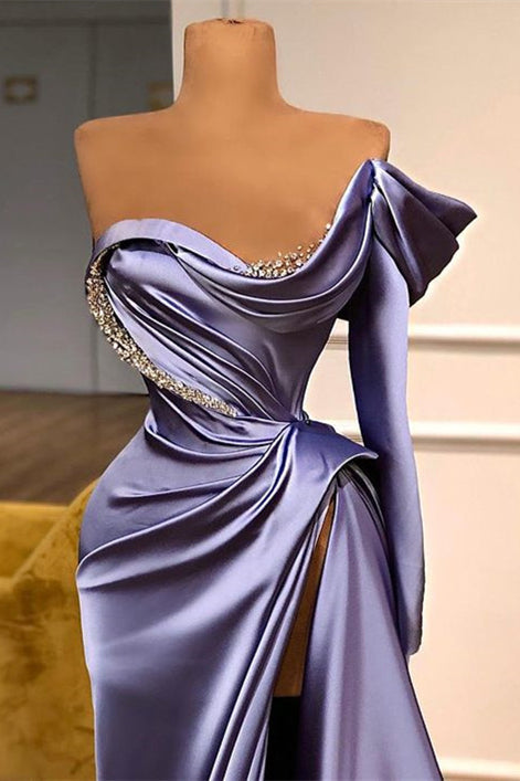 One-Shoulder Purple Long Sleeve Evening Dress with Beadings and Split Mermaid Design-ballbellauk