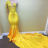 One Shoulder Yellow Long Sleeve Mermaid Prom Dress UK with Applique-ballbellauk