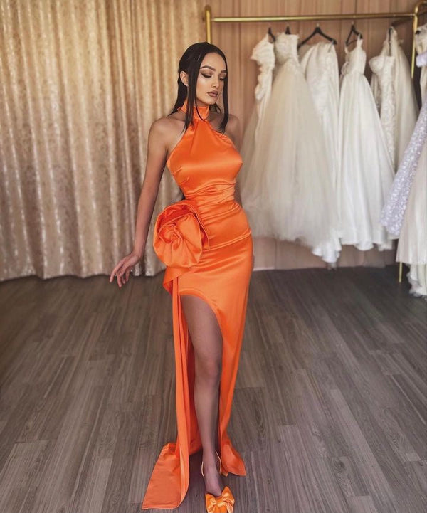 Orange Flower Halter Split Prom Dress UK-ballbellauk