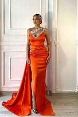 Orange One-Shoulder Mermaid Evening Dress with Ruffles-ballbellauk