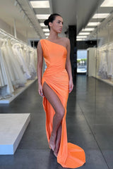 Orange One-Shoulder Prom Dress UK with Slit and Pleats-ballbellauk