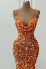 Orange V-Neck Spaghetti-Straps Long Mermaid Prom Dress UK with Sequins-ballbellauk