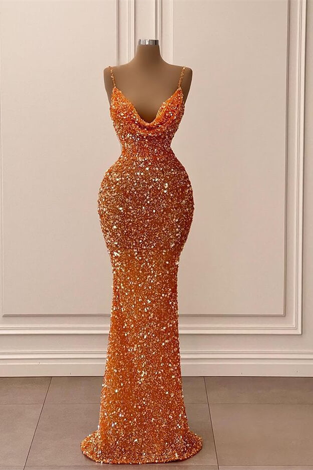 Orange V-Neck Spaghetti-Straps Long Mermaid Prom Dress UK with Sequins-ballbellauk