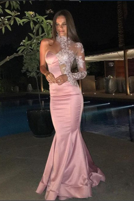 Pink Glamorous One Shoulder Prom Dress UK with Long Sleeves-ballbellauk