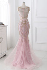 Pink Jewel Sleeveless Prom Dress UK Mermaid with Beadings and Rhinestone-ballbellauk