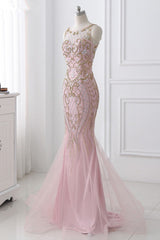 Pink Jewel Sleeveless Prom Dress UK Mermaid with Beadings and Rhinestone-ballbellauk