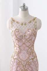 Pink Jewel Sleeveless Prom Dress UK Mermaid with Beadings and Rhinestone-ballbellauk