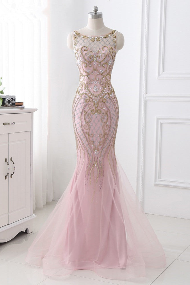 Pink Jewel Sleeveless Prom Dress UK Mermaid with Beadings and Rhinestone-ballbellauk