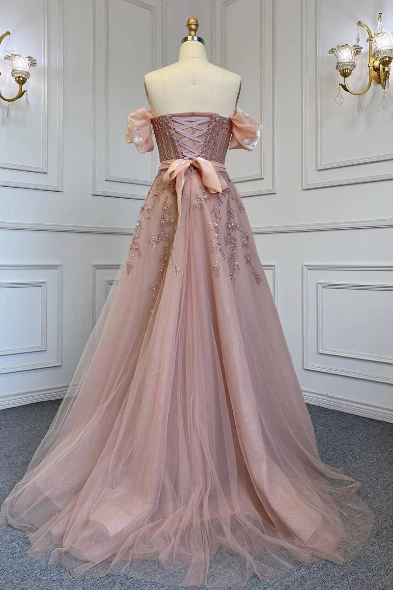 Pink Off-The-Shoulder Bubble Sleeves Prom Dress UK with Sequins and Tulle Belt-ballbellauk