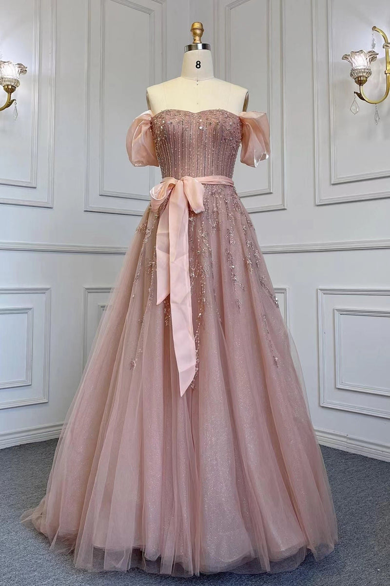 Pink Off-The-Shoulder Bubble Sleeves Prom Dress UK with Sequins and Tulle Belt-ballbellauk