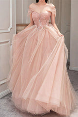 Pink Off-The-Shoulder Long Prom Dress UK Sweetheart With Pearls-ballbellauk