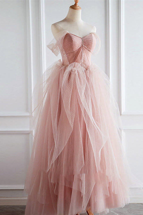 Pink Off-The-Shoulder Long Prom Dress UK Sweetheart With Pearls-ballbellauk