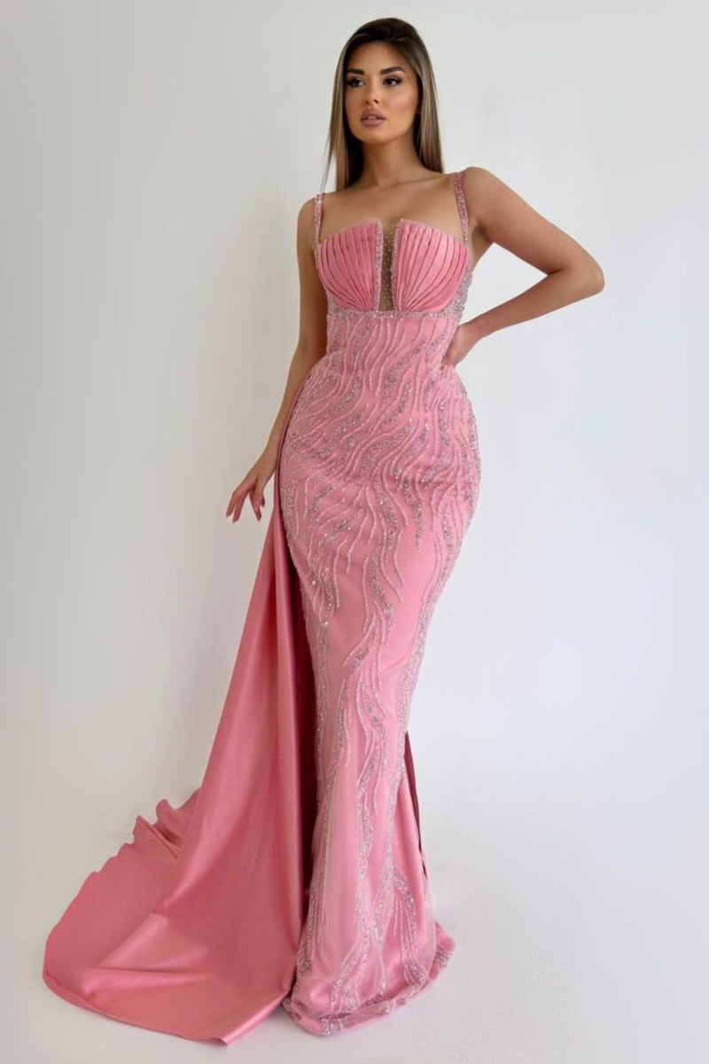 Pink Sequin Beaded Mermaid Prom Dress UK with Ruffle and Spaghetti Straps-ballbellauk