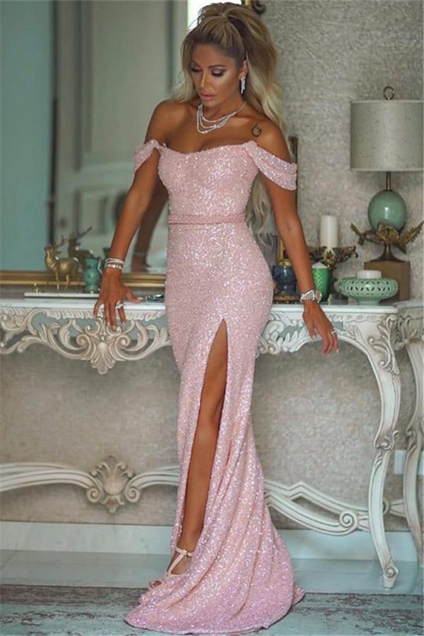 Pink Sequins Mermaid Elegant Evening Dress With Slit-ballbellauk