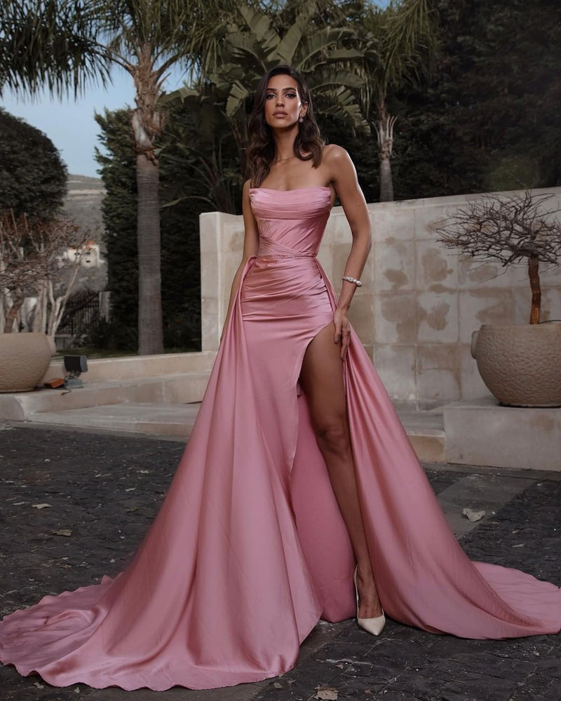 Pink Strapless Slit Sleeveless Prom Dress UK With Detachable Skirt-ballbellauk