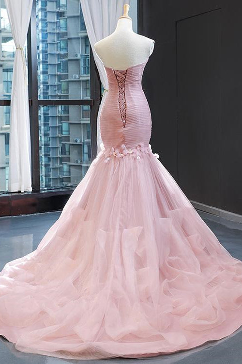 Pink Sweetheart Mermaid Sleeveless Prom Dress UK With Tulle Ruffle Online-ballbellauk