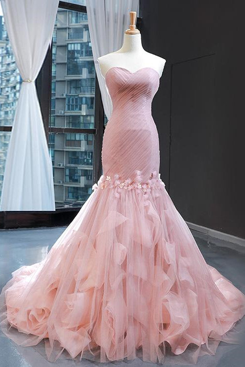 Pink Sweetheart Mermaid Sleeveless Prom Dress UK With Tulle Ruffle Online-ballbellauk