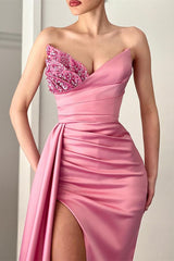 Pink V-Neck Beaded Mermaid Evening Dress with Long Slit and Ruffles-ballbellauk