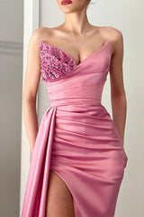 Pink V-Neck Beaded Mermaid Evening Dress with Long Slit and Ruffles-ballbellauk