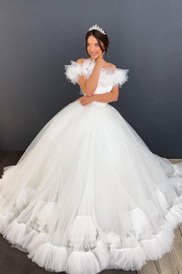 Pleated Off The Shoulder Ball Gown Wedding Dress UK With Tulle Ruffles-ballbellauk