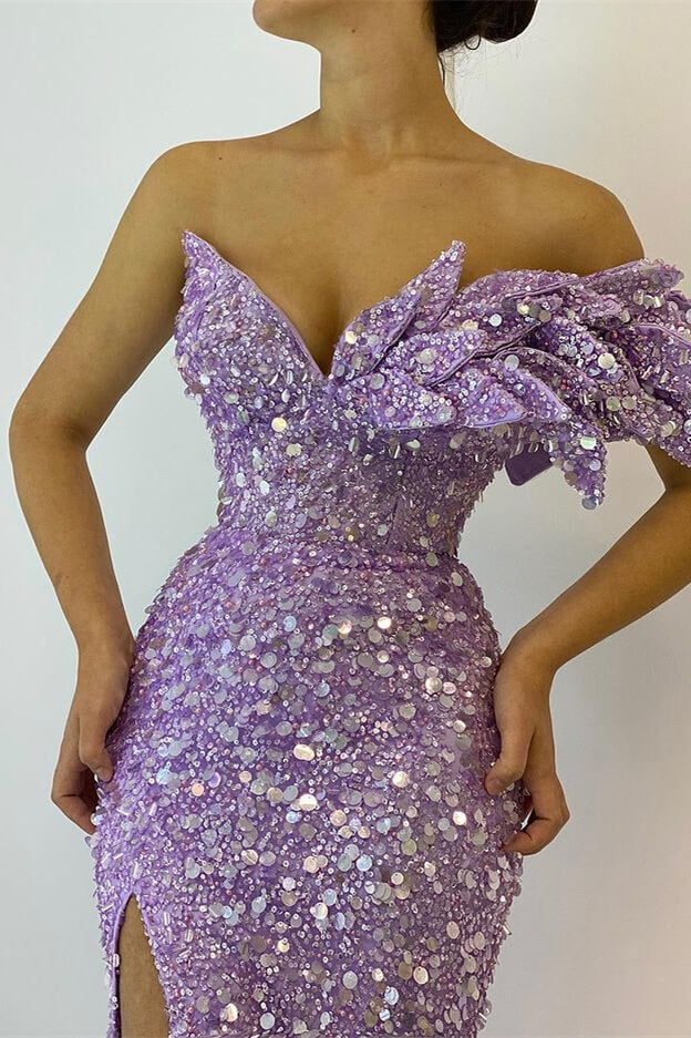 Pretty Lilac V-Neck Off-The-Shoulder Mermaid Prom Dress UK-ballbellauk