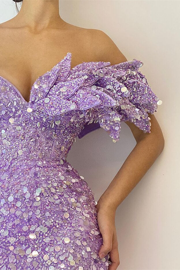 Pretty Lilac V-Neck Off-The-Shoulder Mermaid Prom Dress UK-ballbellauk