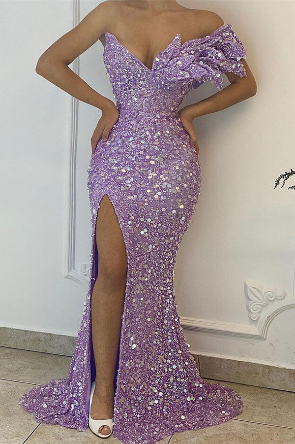 Pretty Lilac V-Neck Off-The-Shoulder Mermaid Prom Dress UK-ballbellauk