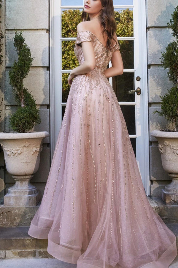 Pretty Pink Off-The-Shoulder Sweetheart Beads Prom Dress UK With Sequins Tulle-ballbellauk