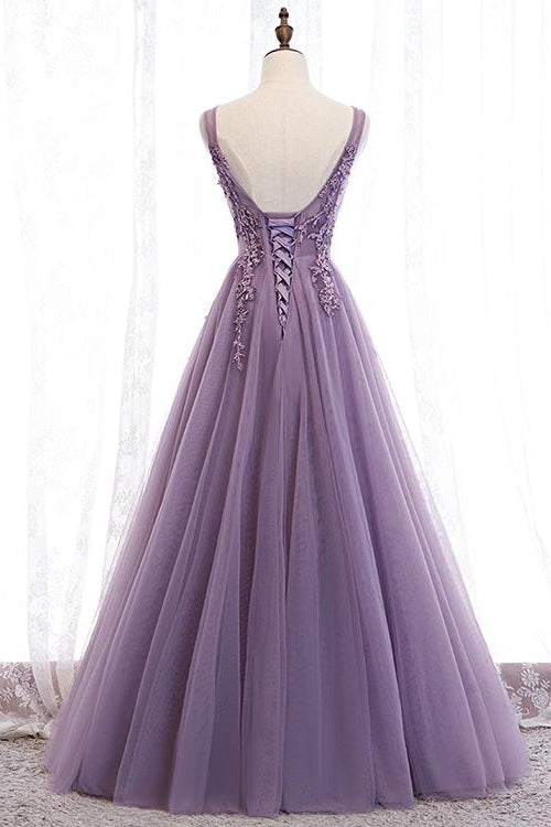 Purple Applique A-Line Prom Dress UK with V-Neck Open Back-ballbellauk