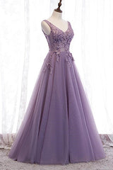 Purple Applique A-Line Prom Dress UK with V-Neck Open Back-ballbellauk