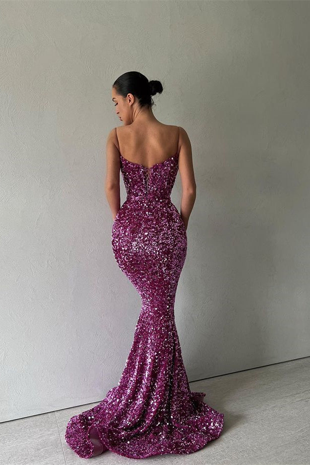 Purple Mermaid Long Evening Dress with Spaghetti Straps and Sequins-ballbellauk