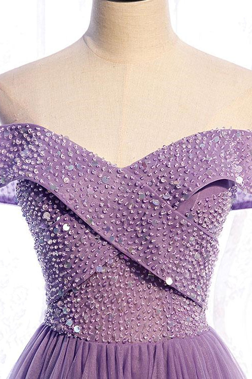 Purple Sequins Sweetheart Off-The-Shoulder Prom Dress UK-ballbellauk