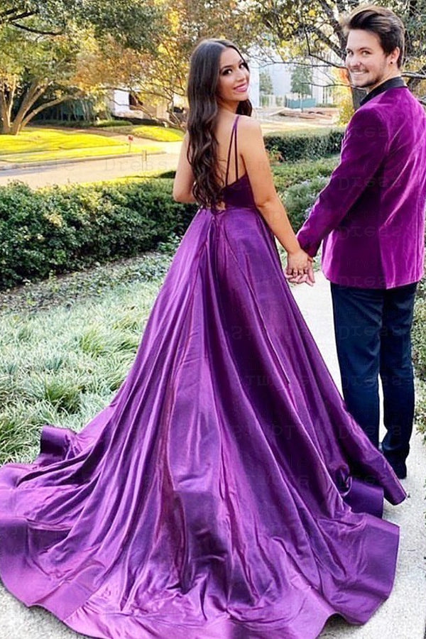 Purple V-Neck Prom Dress UK with Spaghetti-Straps-ballbellauk