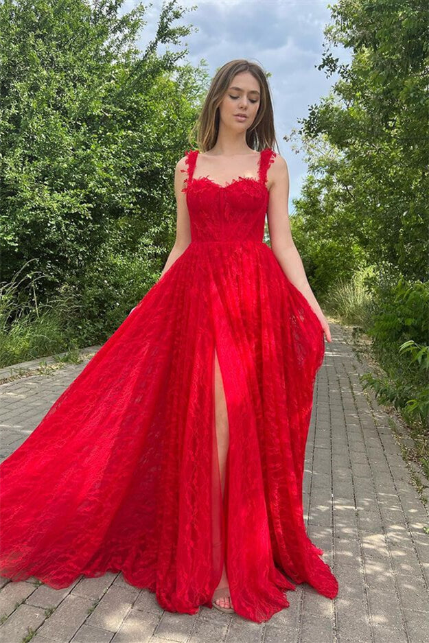 Red Evening Dress with Sleeveless Appliques and Online Front Split-ballbellauk