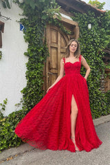 Red Evening Dress with Sleeveless Appliques and Online Front Split-ballbellauk