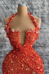 Red Halter Deep V-Neck Mermaid Evening Dress with Rhinestone Slit-ballbellauk