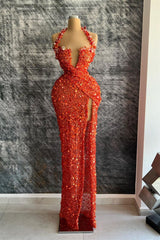 Red Halter Deep V-Neck Mermaid Evening Dress with Rhinestone Slit-ballbellauk