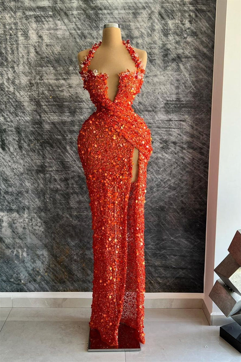 Red Halter Deep V-Neck Mermaid Evening Dress with Rhinestone Slit-ballbellauk