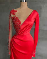 Red Long Sleeve Mermaid Prom Dress On Sale With Beadings V-Neck-ballbellauk