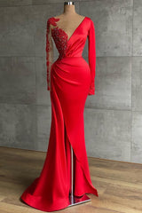 Red Long Sleeve Mermaid Prom Dress On Sale With Beadings V-Neck-ballbellauk