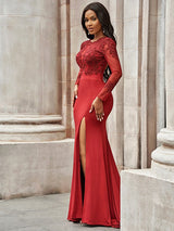 Red Long Sleeves Mermaid Prom Dress UK with Slit-ballbellauk