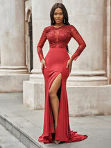 Red Long Sleeves Mermaid Prom Dress UK with Slit-ballbellauk