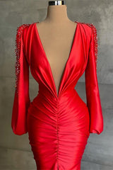 Red Mermaid Deep V-Neck Long Sleeve Prom Dress UK-ballbellauk