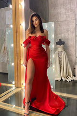 Red Mermaid Off-The-Shoulder Prom Dress UK-ballbellauk