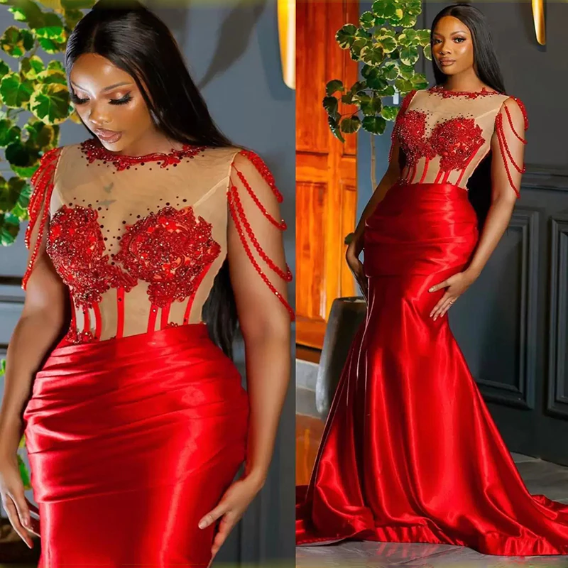 Red Mermaid Princess Prom Dress UK With Beaded Crew Neck Sleeveless Trumpet-ballbellauk