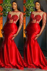 Red Mermaid Princess Prom Dress UK With Beaded Crew Neck Sleeveless Trumpet-ballbellauk