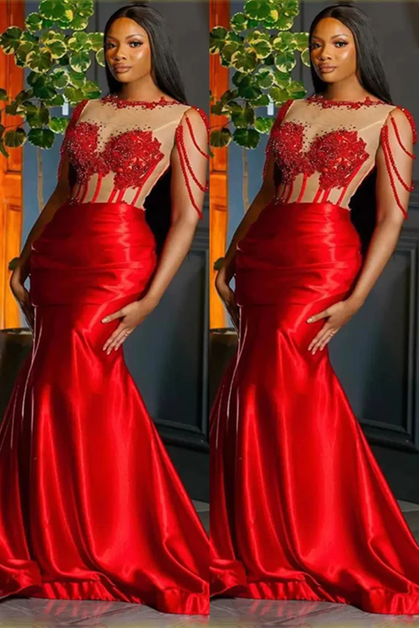 Red Mermaid Princess Prom Dress UK With Beaded Crew Neck Sleeveless Trumpet-ballbellauk