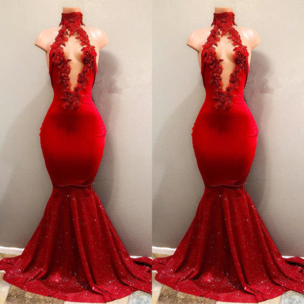 Red Mermaid Prom Dress UK with High Collar and Sparkly Sequins-ballbellauk